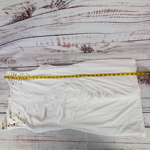 Cache White Ruched Shapely Mini Dress Size 12 Gold Geometric Studs Drape Fit NWT - Picture 14 of 14